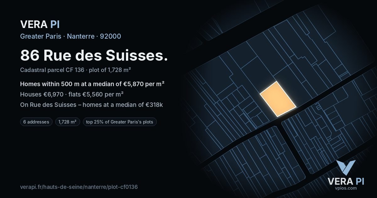 86 Rue des Suisses, Nanterre at night – the plot lit, the parcels around coloured by the prices near them