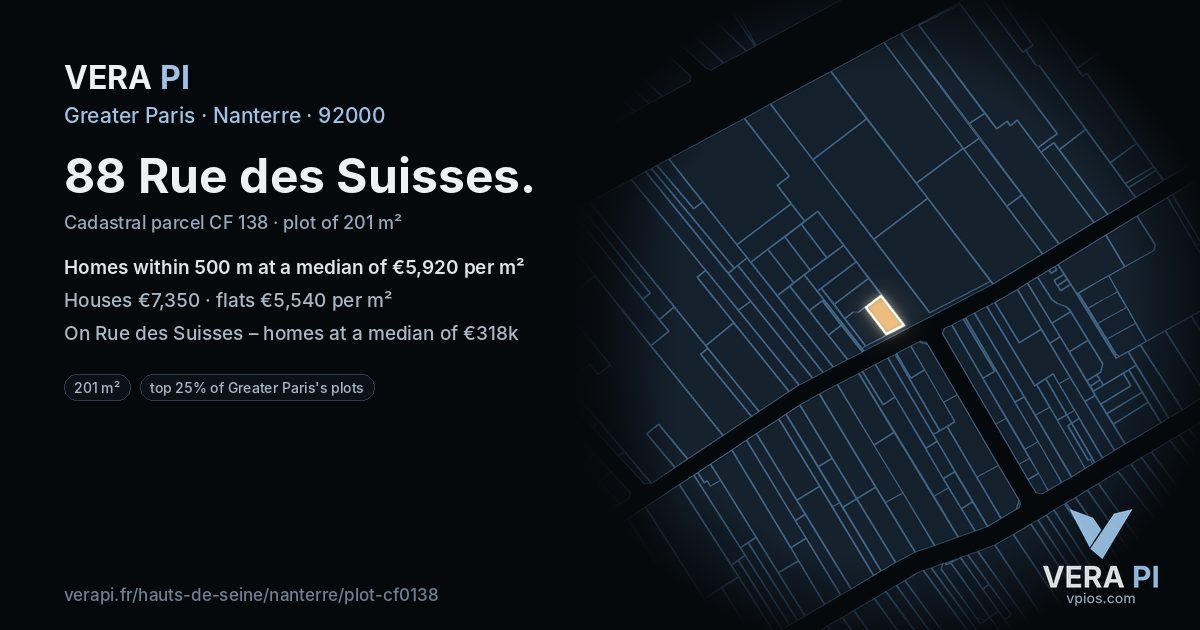 88 Rue des Suisses, Nanterre at night – the plot lit, the parcels around coloured by the prices near them