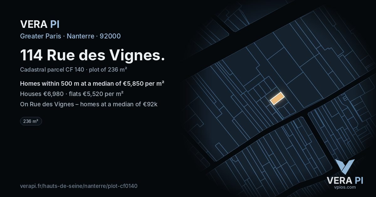 114 Rue des Vignes, Nanterre at night – the plot lit, the parcels around coloured by the prices near them