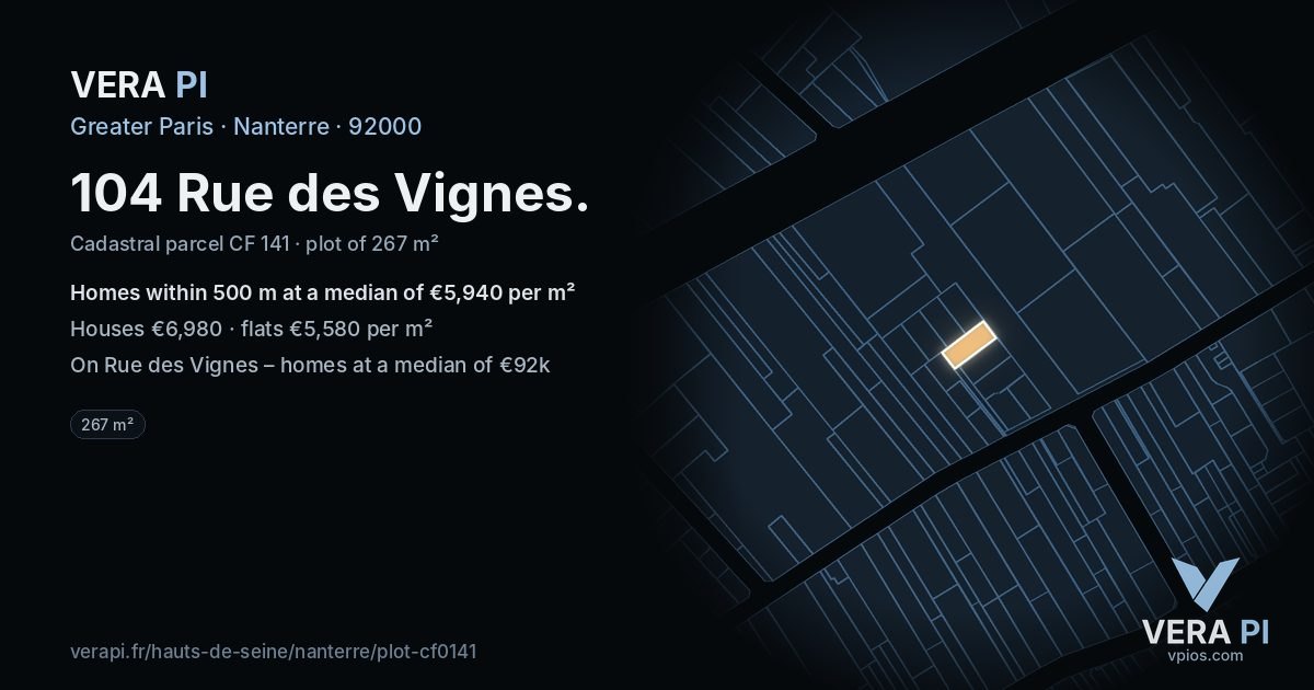 104 Rue des Vignes, Nanterre at night – the plot lit, the parcels around coloured by the prices near them