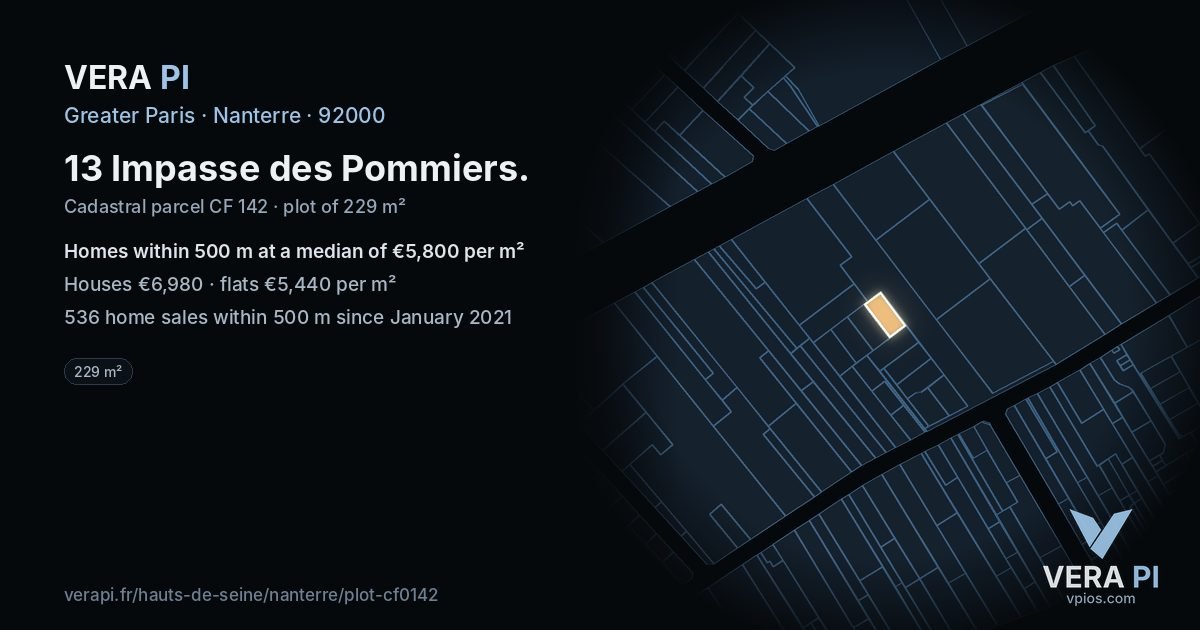 13 Impasse des Pommiers, Nanterre at night – the plot lit, the parcels around coloured by the prices near them
