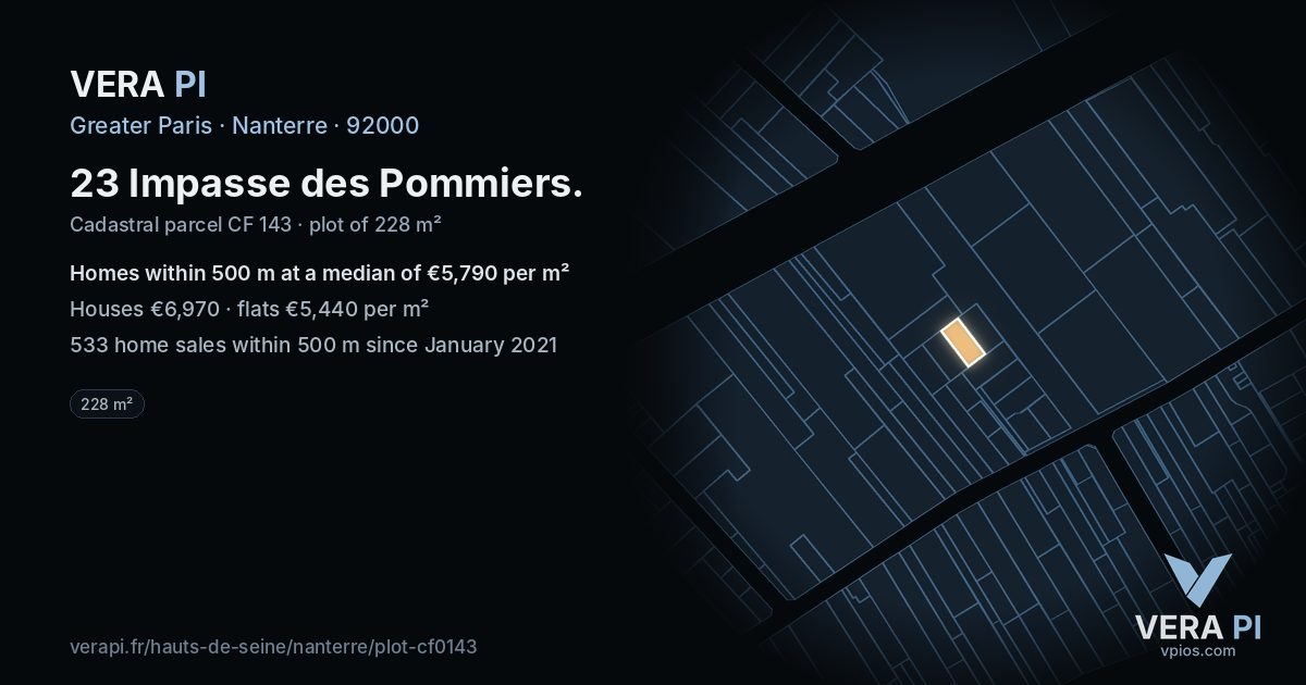 23 Impasse des Pommiers, Nanterre at night – the plot lit, the parcels around coloured by the prices near them