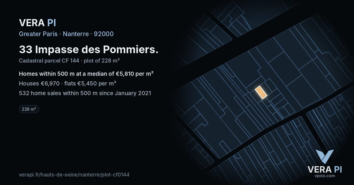 33 Impasse des Pommiers, Nanterre at night – the plot lit, the parcels around coloured by the prices near them