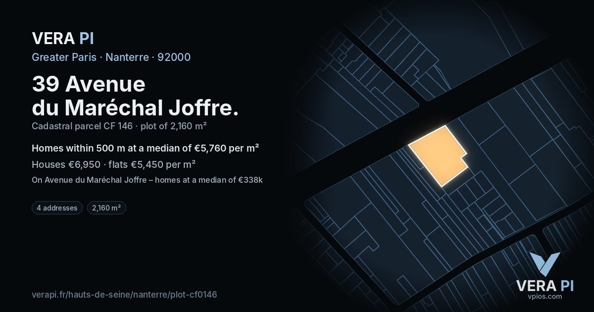 39 Avenue du Maréchal Joffre, Nanterre at night – the plot lit, the parcels around coloured by the prices near them
