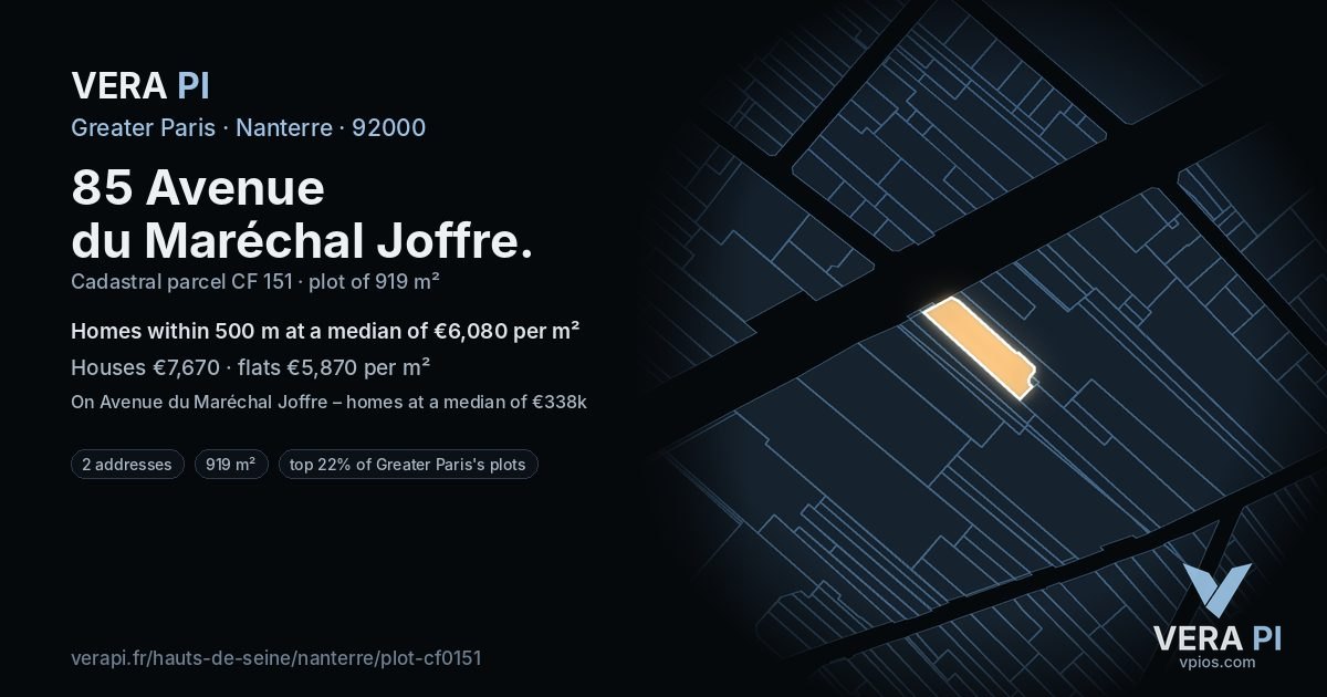 85 Avenue du Maréchal Joffre, Nanterre at night – the plot lit, the parcels around coloured by the prices near them