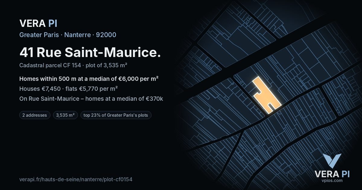 41 Rue Saint-Maurice, Nanterre at night – the plot lit, the parcels around coloured by the prices near them