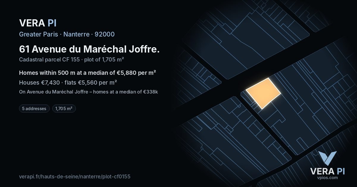 61 Avenue du Maréchal Joffre, Nanterre at night – the plot lit, the parcels around coloured by the prices near them