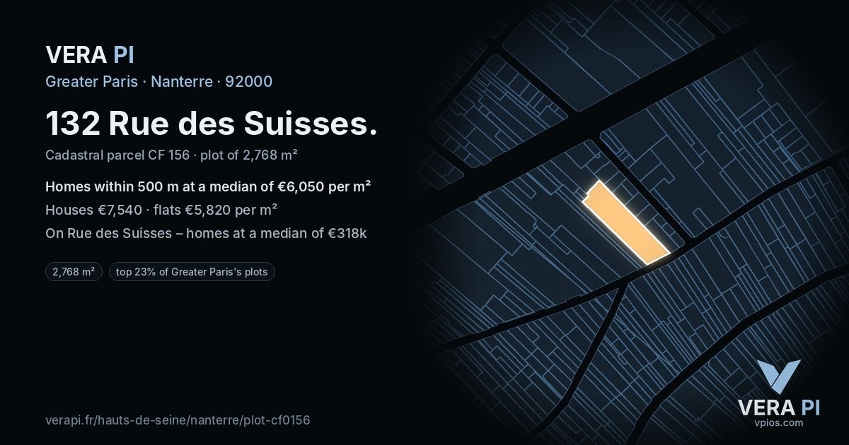 132 Rue des Suisses, Nanterre at night – the plot lit, the parcels around coloured by the prices near them