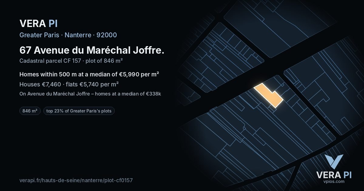 67 Avenue du Maréchal Joffre, Nanterre at night – the plot lit, the parcels around coloured by the prices near them