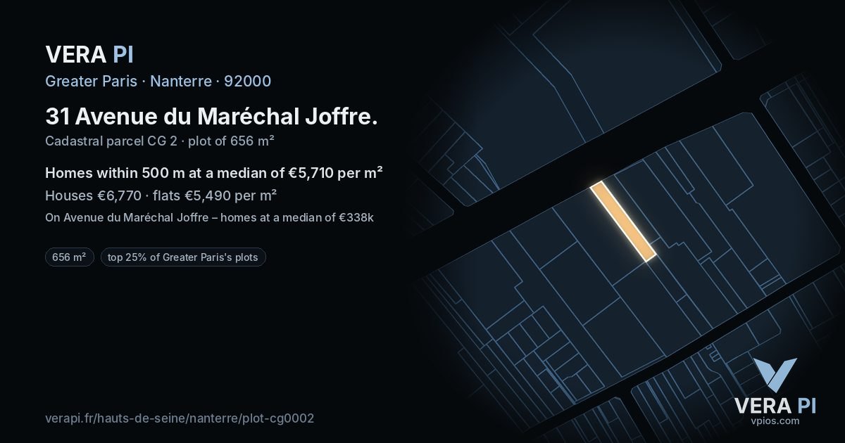 31 Avenue du Maréchal Joffre, Nanterre at night – the plot lit, the parcels around coloured by the prices near them