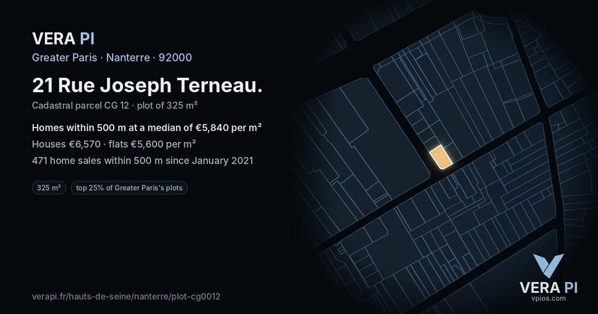 21 Rue Joseph Terneau, Nanterre at night – the plot lit, the parcels around coloured by the prices near them