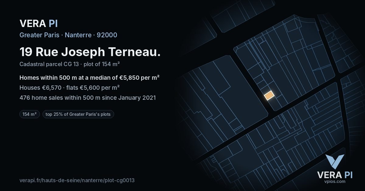19 Rue Joseph Terneau, Nanterre at night – the plot lit, the parcels around coloured by the prices near them