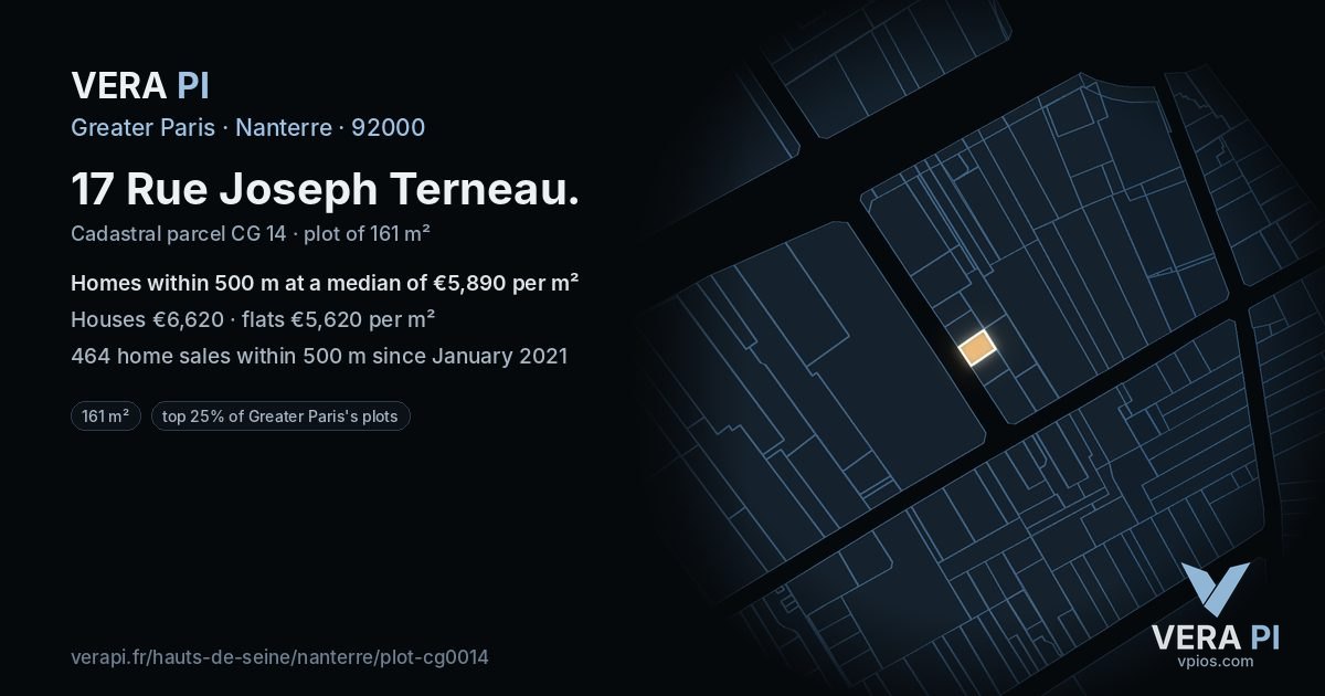 17 Rue Joseph Terneau, Nanterre at night – the plot lit, the parcels around coloured by the prices near them
