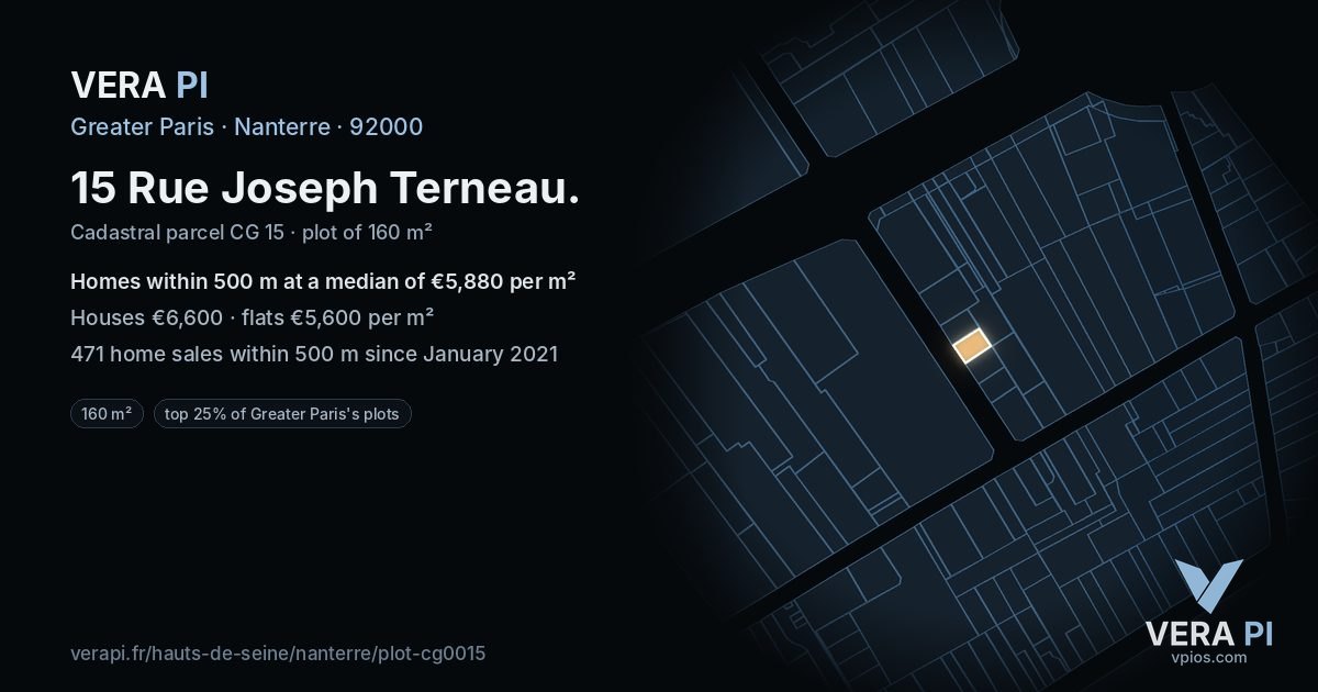 15 Rue Joseph Terneau, Nanterre at night – the plot lit, the parcels around coloured by the prices near them
