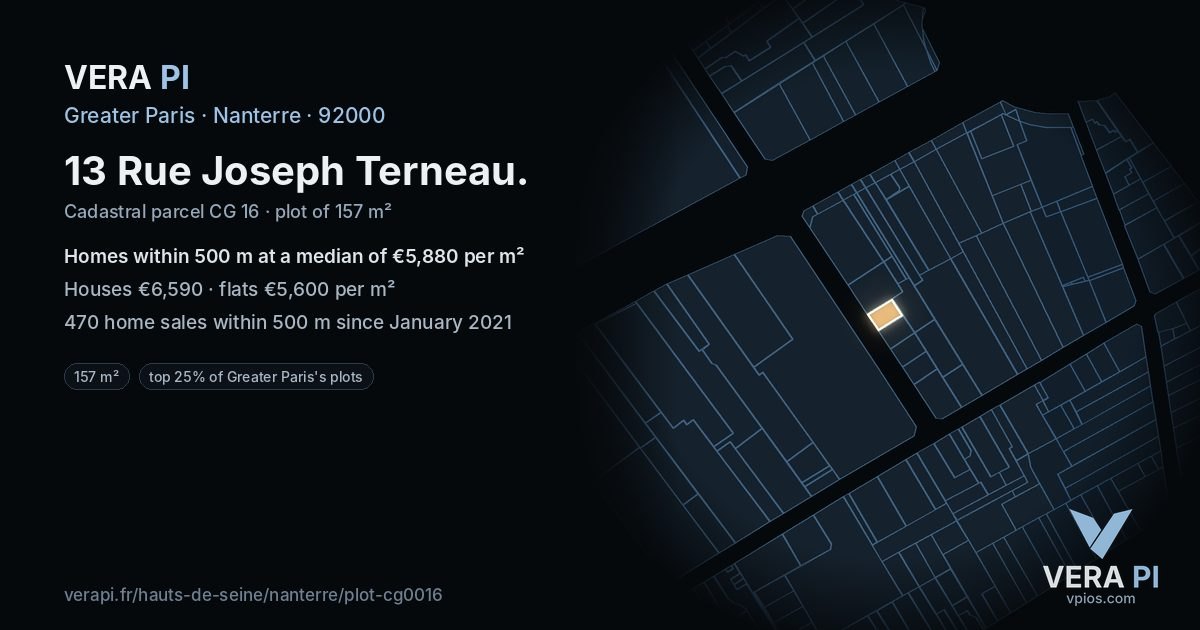 13 Rue Joseph Terneau, Nanterre at night – the plot lit, the parcels around coloured by the prices near them