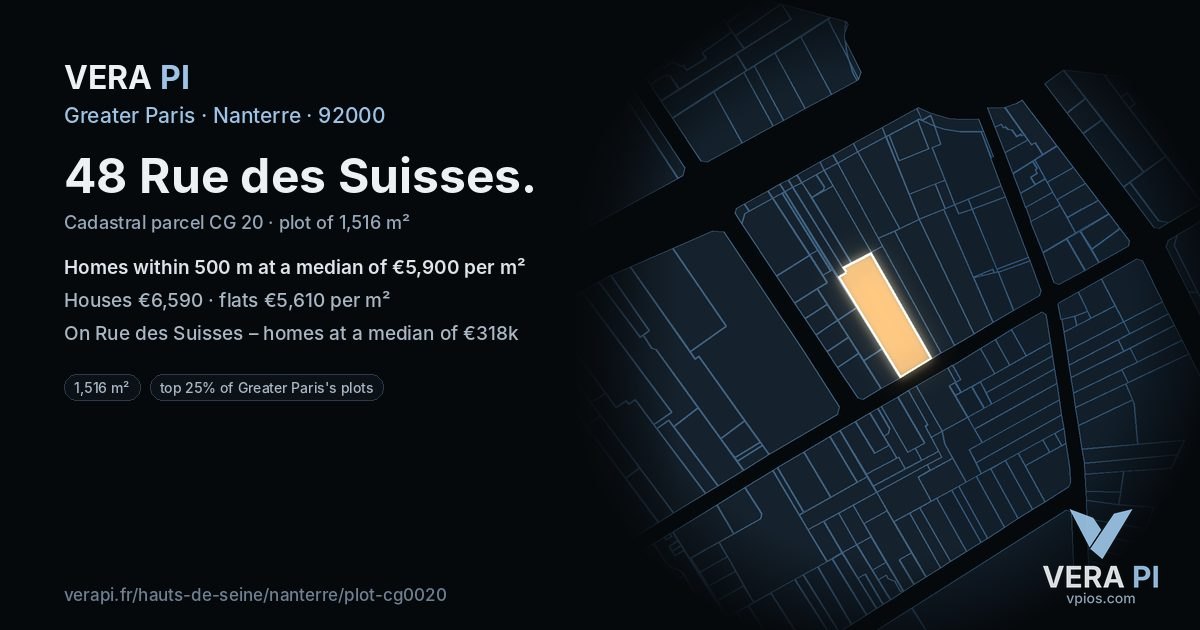 48 Rue des Suisses, Nanterre at night – the plot lit, the parcels around coloured by the prices near them