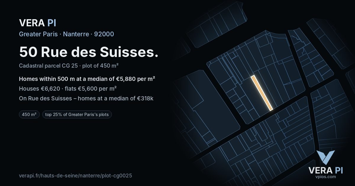 50 Rue des Suisses, Nanterre at night – the plot lit, the parcels around coloured by the prices near them