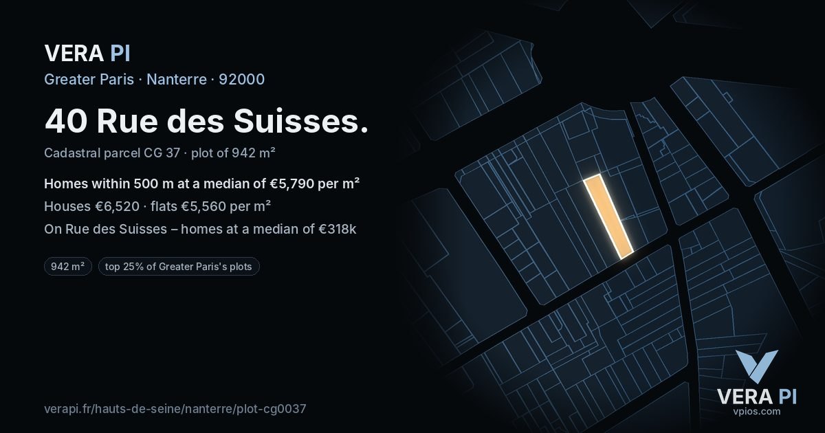 40 Rue des Suisses, Nanterre at night – the plot lit, the parcels around coloured by the prices near them