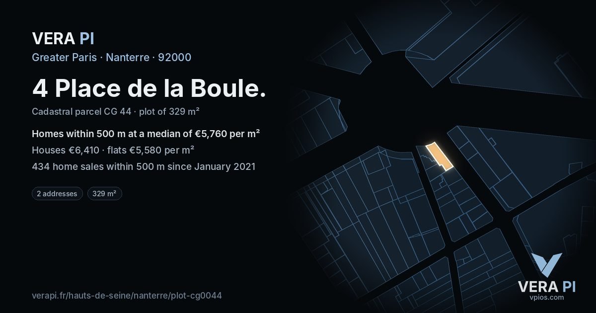 4 Place de la Boule, Nanterre at night – the plot lit, the parcels around coloured by the prices near them