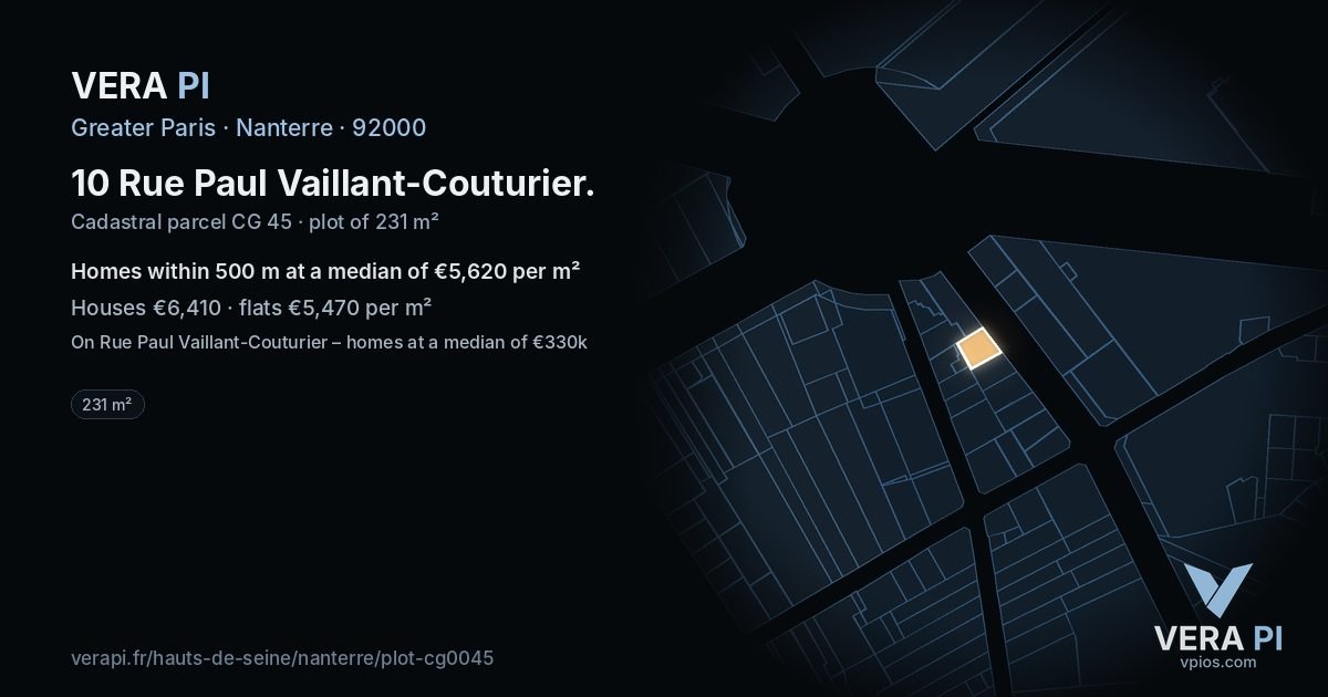10 Rue Paul Vaillant-Couturier, Nanterre at night – the plot lit, the parcels around coloured by the prices near them