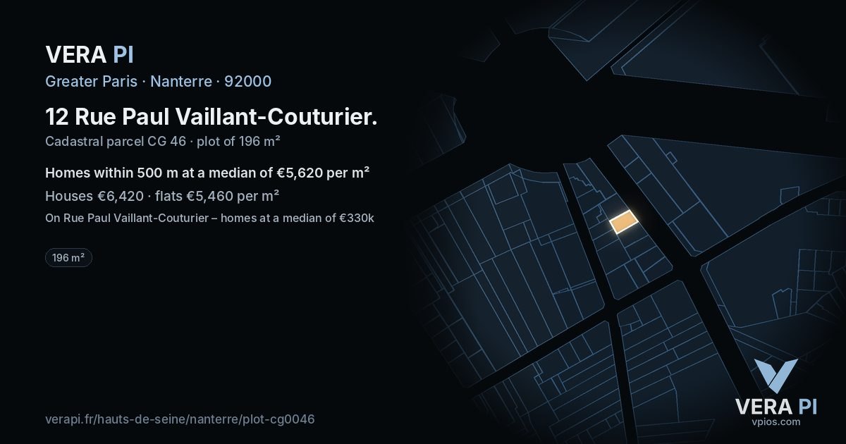 12 Rue Paul Vaillant-Couturier, Nanterre at night – the plot lit, the parcels around coloured by the prices near them