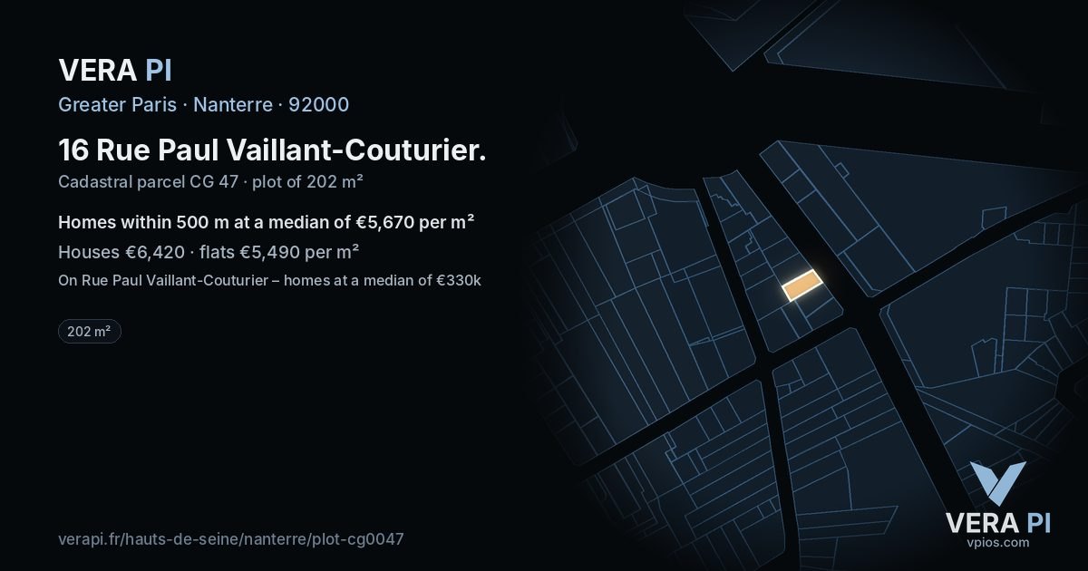 16 Rue Paul Vaillant-Couturier, Nanterre at night – the plot lit, the parcels around coloured by the prices near them