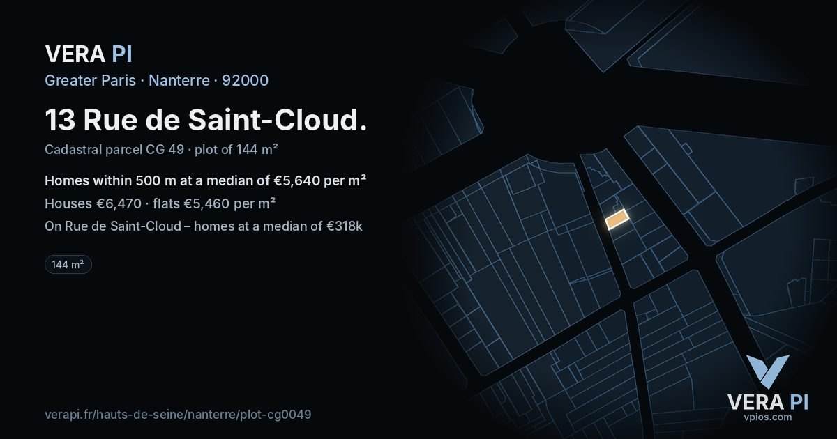 13 Rue de Saint-Cloud, Nanterre at night – the plot lit, the parcels around coloured by the prices near them