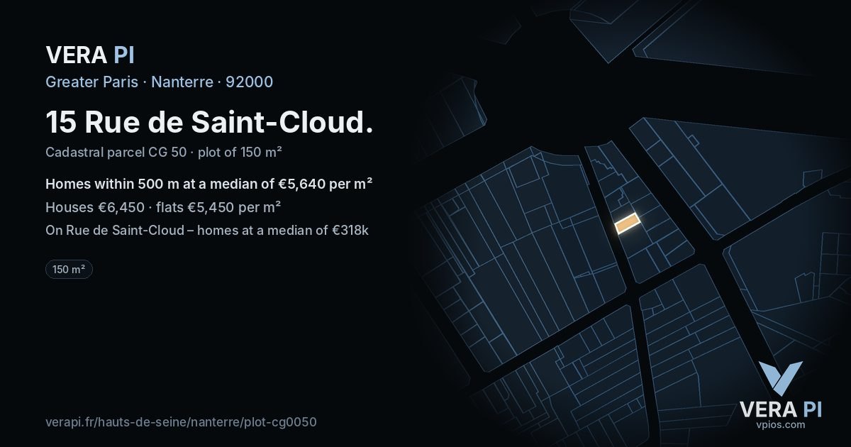15 Rue de Saint-Cloud, Nanterre at night – the plot lit, the parcels around coloured by the prices near them