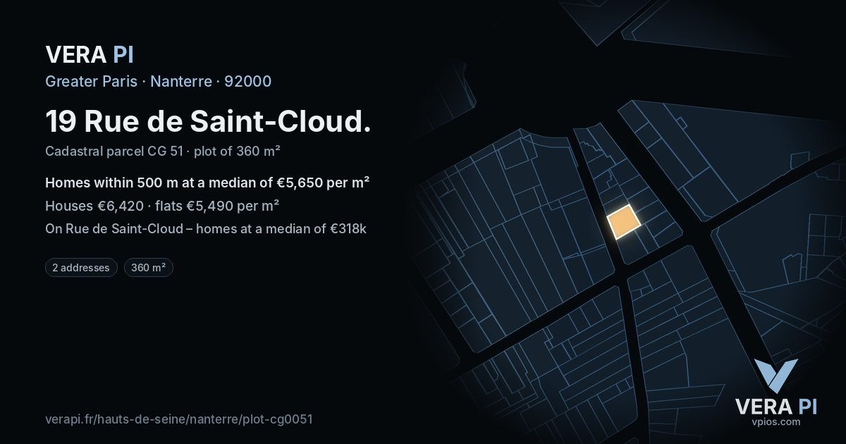 19 Rue de Saint-Cloud, Nanterre at night – the plot lit, the parcels around coloured by the prices near them