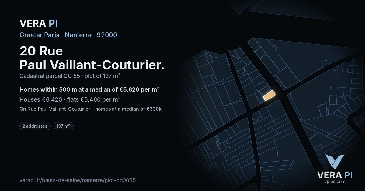 20 Rue Paul Vaillant-Couturier, Nanterre at night – the plot lit, the parcels around coloured by the prices near them