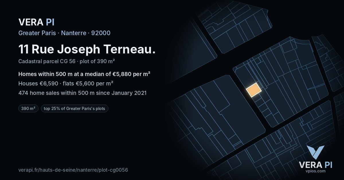 11 Rue Joseph Terneau, Nanterre at night – the plot lit, the parcels around coloured by the prices near them
