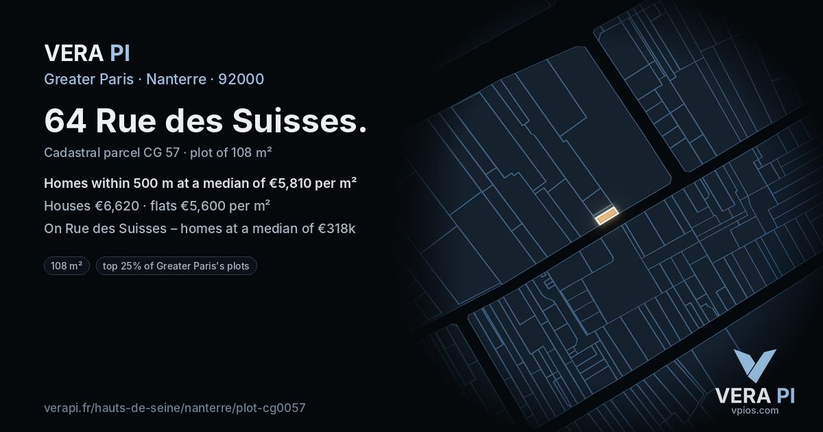 64 Rue des Suisses, Nanterre at night – the plot lit, the parcels around coloured by the prices near them