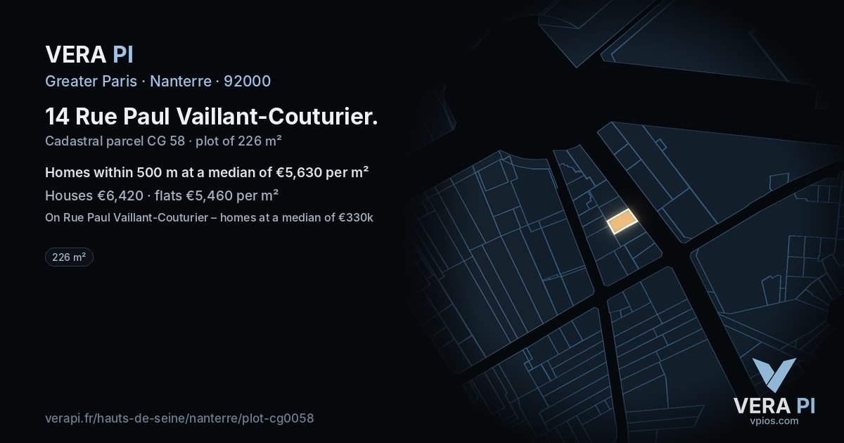 14 Rue Paul Vaillant-Couturier, Nanterre at night – the plot lit, the parcels around coloured by the prices near them
