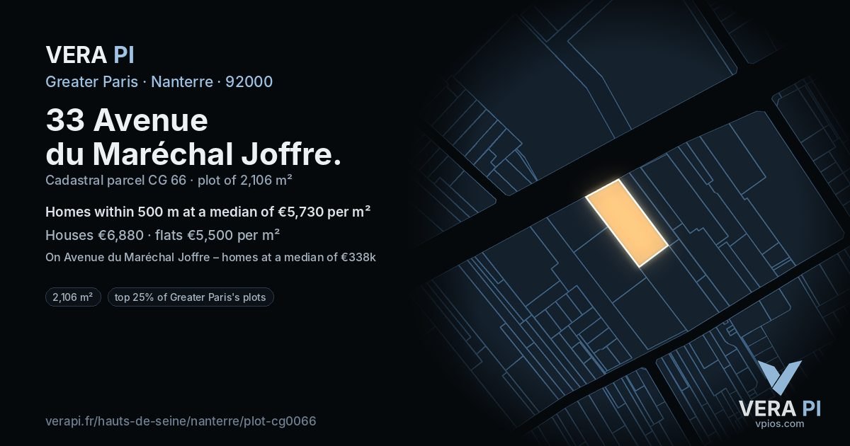 33 Avenue du Maréchal Joffre, Nanterre at night – the plot lit, the parcels around coloured by the prices near them