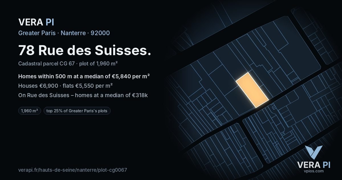 78 Rue des Suisses, Nanterre at night – the plot lit, the parcels around coloured by the prices near them