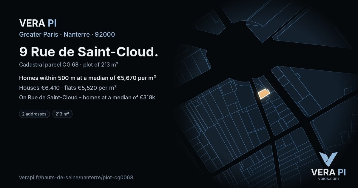9 Rue de Saint-Cloud, Nanterre at night – the plot lit, the parcels around coloured by the prices near them