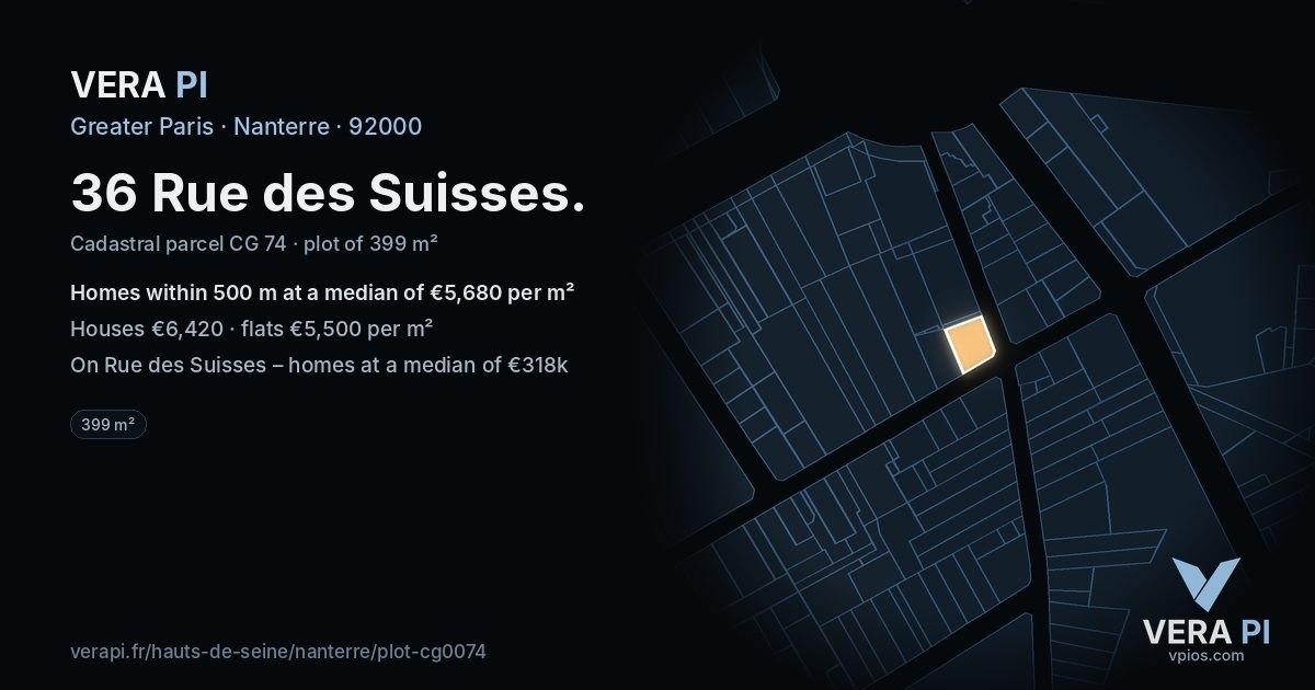 36 Rue des Suisses, Nanterre at night – the plot lit, the parcels around coloured by the prices near them