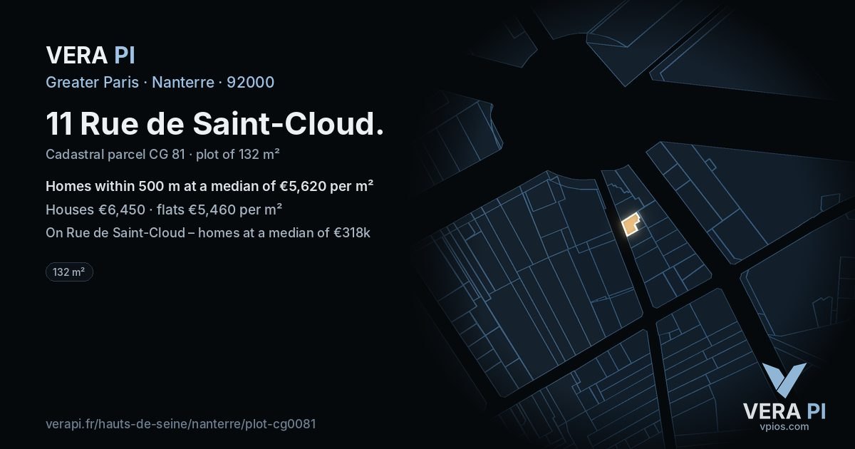 11 Rue de Saint-Cloud, Nanterre at night – the plot lit, the parcels around coloured by the prices near them