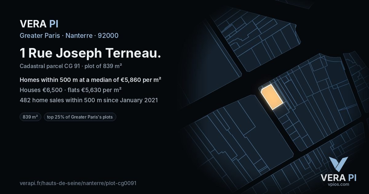 1 Rue Joseph Terneau, Nanterre at night – the plot lit, the parcels around coloured by the prices near them