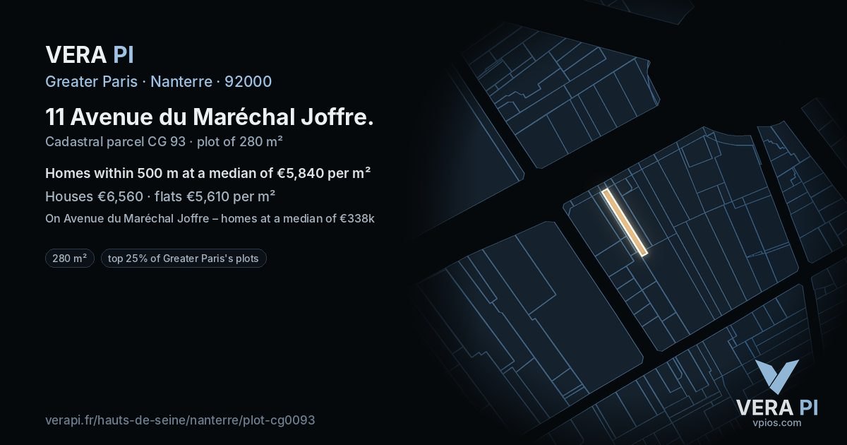 11 Avenue du Maréchal Joffre, Nanterre at night – the plot lit, the parcels around coloured by the prices near them