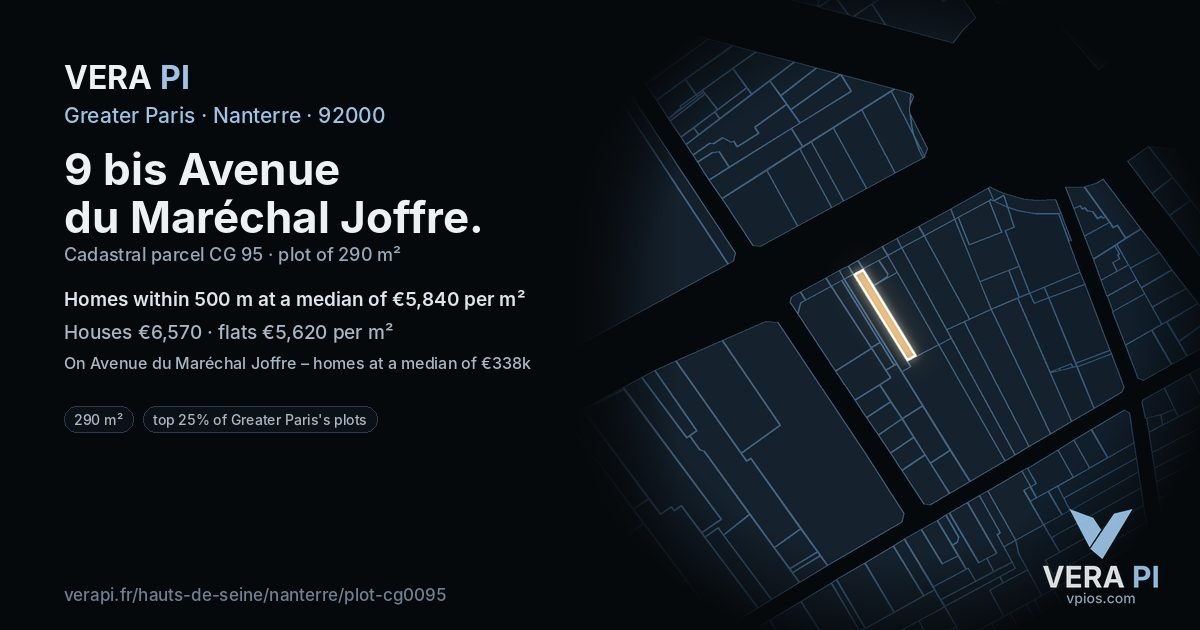 9 bis Avenue du Maréchal Joffre, Nanterre at night – the plot lit, the parcels around coloured by the prices near them