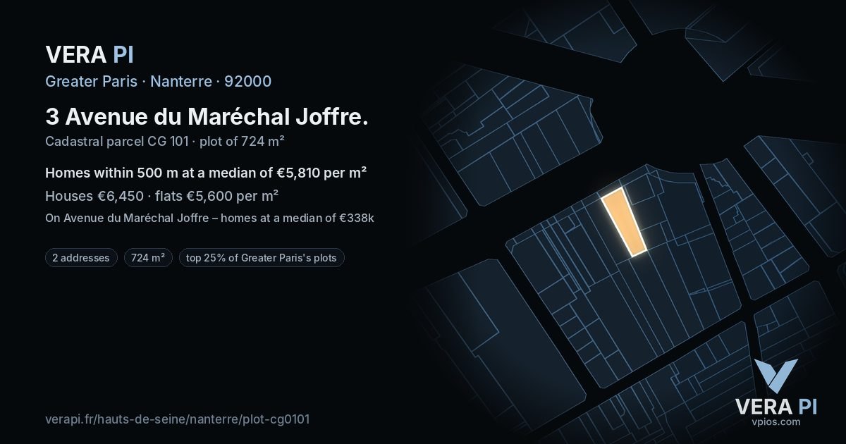 3 Avenue du Maréchal Joffre, Nanterre at night – the plot lit, the parcels around coloured by the prices near them