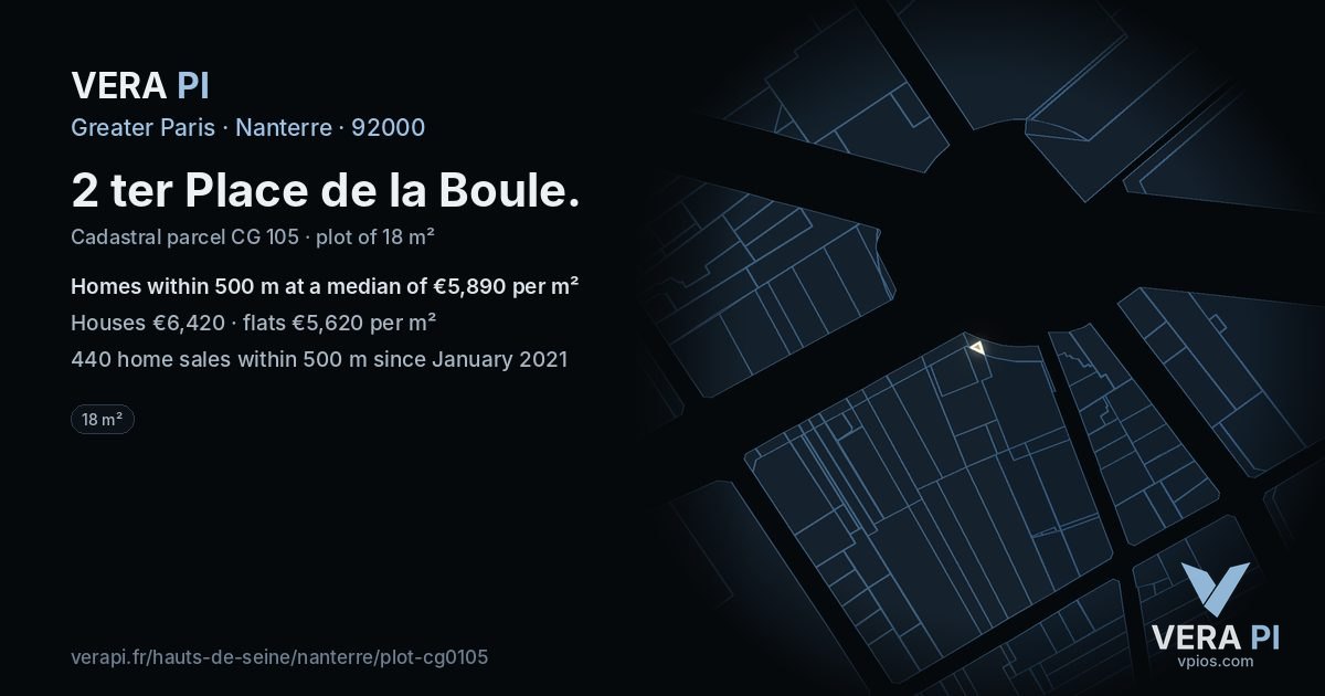 2 ter Place de la Boule, Nanterre at night – the plot lit, the parcels around coloured by the prices near them