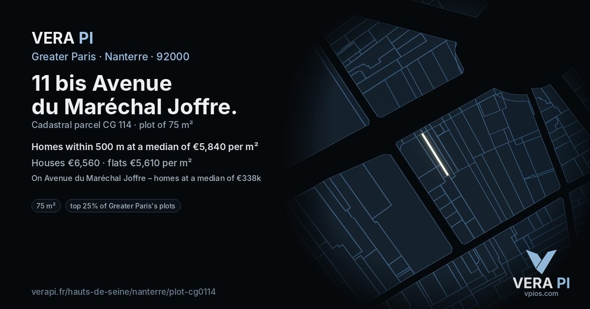11 bis Avenue du Maréchal Joffre, Nanterre at night – the plot lit, the parcels around coloured by the prices near them