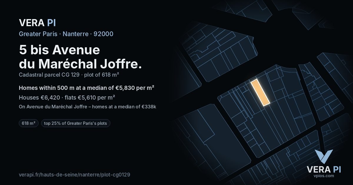5 bis Avenue du Maréchal Joffre, Nanterre at night – the plot lit, the parcels around coloured by the prices near them