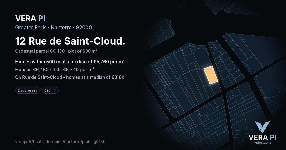 12 Rue de Saint-Cloud, Nanterre at night – the plot lit, the parcels around coloured by the prices near them