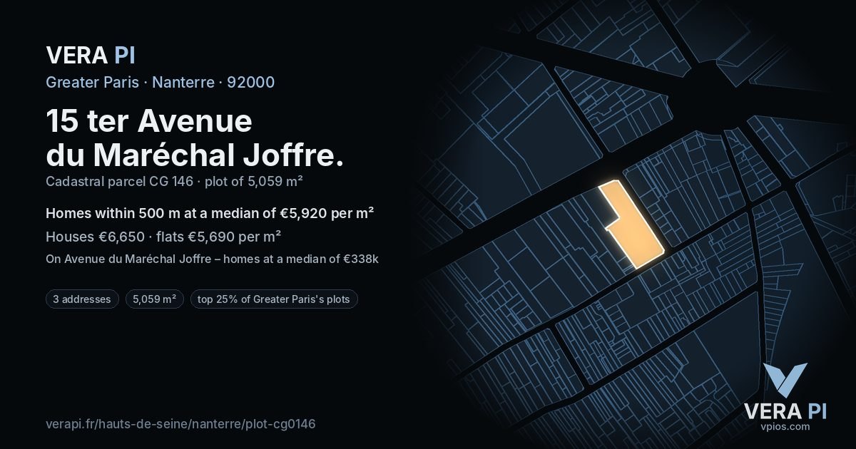 15 ter Avenue du Maréchal Joffre, Nanterre at night – the plot lit, the parcels around coloured by the prices near them