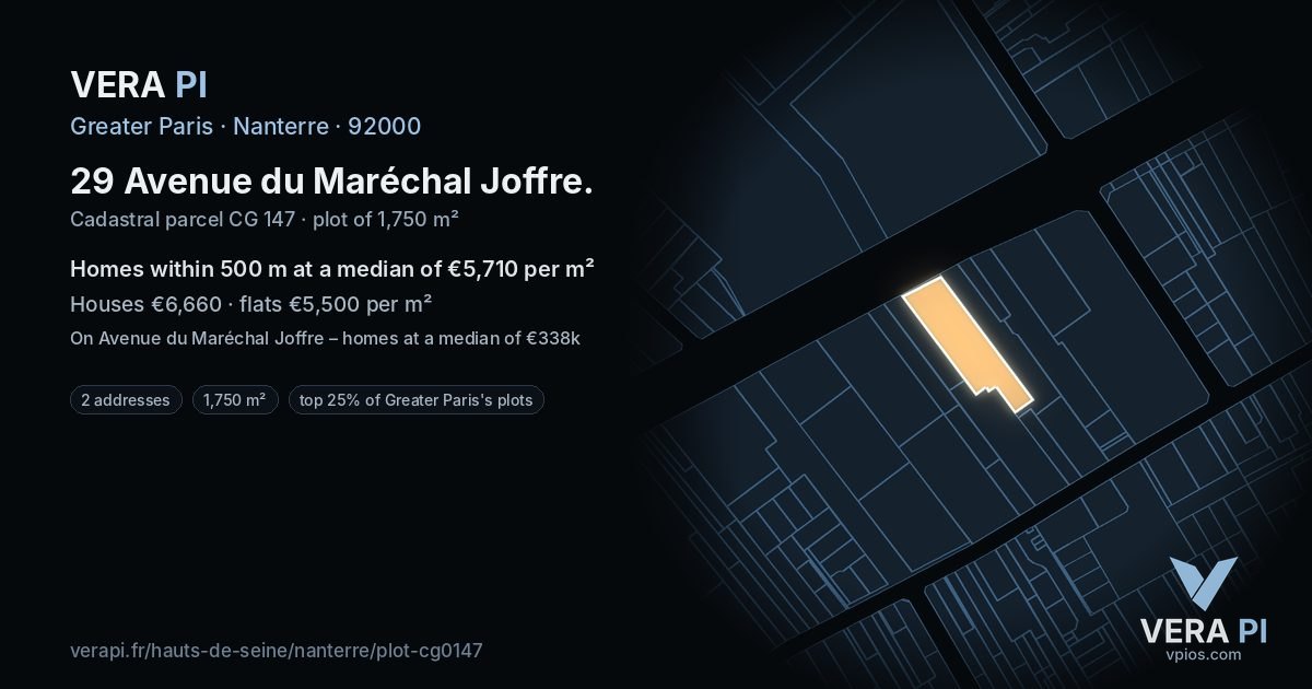 29 Avenue du Maréchal Joffre, Nanterre at night – the plot lit, the parcels around coloured by the prices near them
