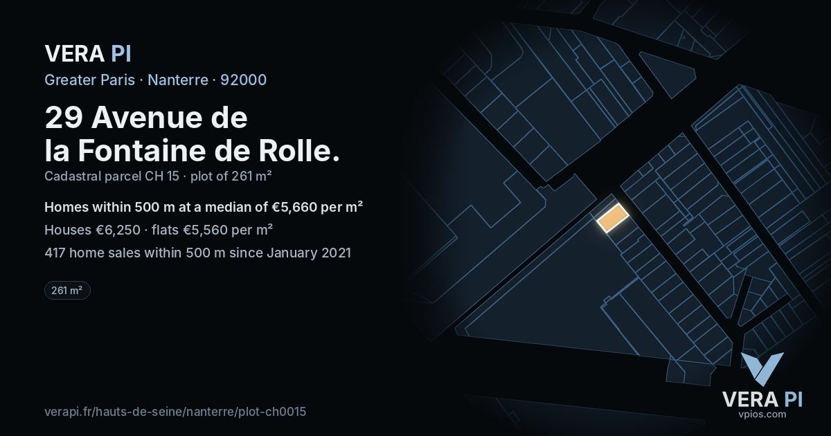 29 Avenue de la Fontaine de Rolle, Nanterre at night – the plot lit, the parcels around coloured by the prices near them