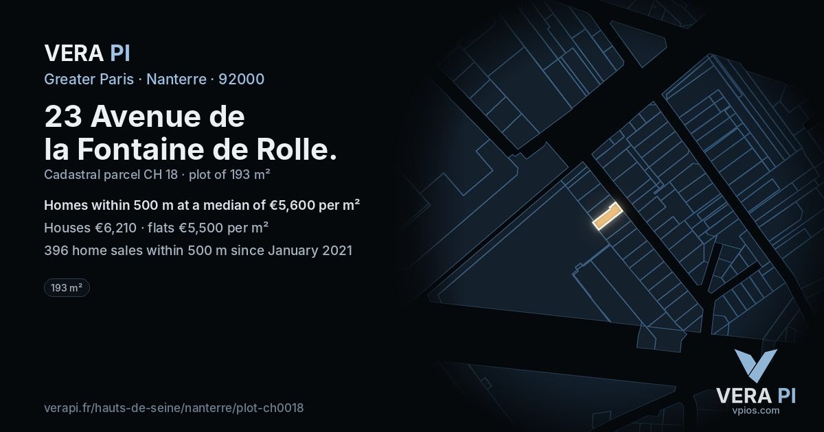 23 Avenue de la Fontaine de Rolle, Nanterre at night – the plot lit, the parcels around coloured by the prices near them